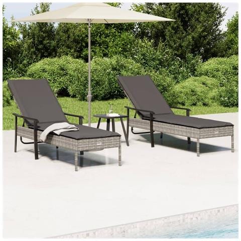 Lettini Prendisole 2pz con Tavolino e Cuscini Polyrattan Grigio - Foto 2