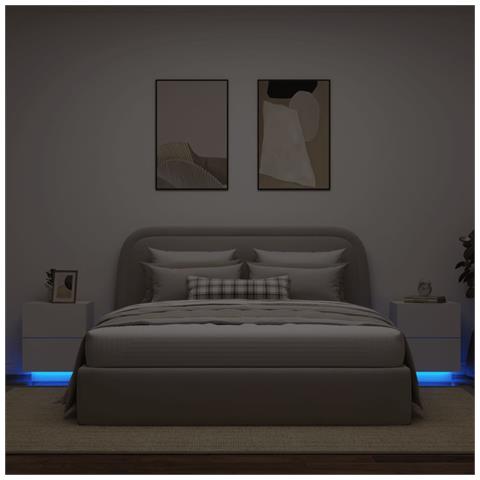 Comodini Con Luci Led 2pz Bianchi In Legno Multistrato - Foto 1
