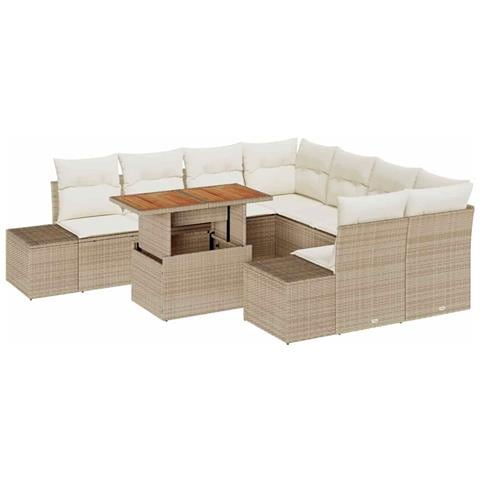 Set da pranzo da giardino 9 pezzi con cuscini Beige in polirattan e acacia - Foto 1