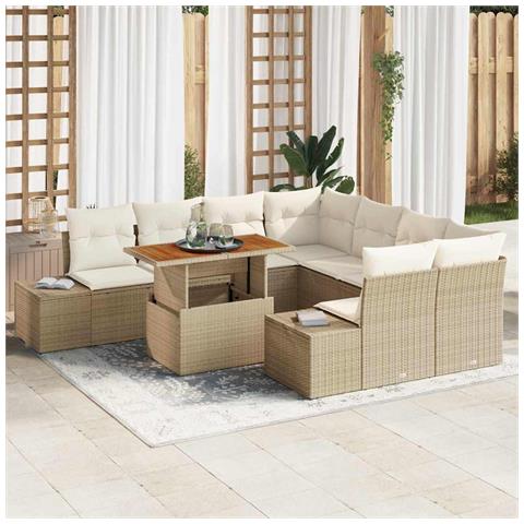 Set da pranzo da giardino 9 pezzi con cuscini Beige in polirattan e acacia - Foto 2