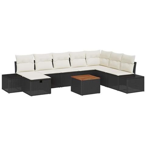 Set di divani da giardino 9 pezzi con cuscini neri in polyrattan - Foto 1