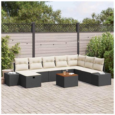 Set di divani da giardino 9 pezzi con cuscini neri in polyrattan - Foto 2