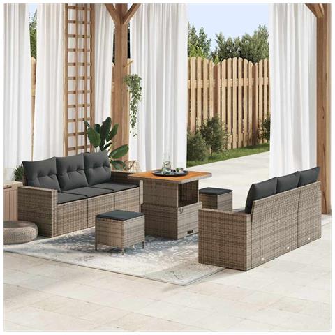 Set Divano da Giardino  9 Pezzi con Cuscini Grigio Polyrattan Acacia, Set da Pranzo da Giardino  3 Pezzi con Cuscini Grigio Polyrattan Acacia - Foto 2