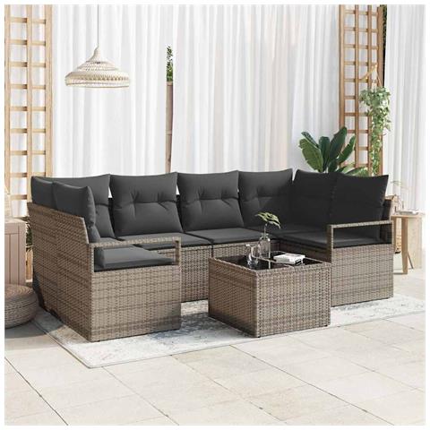 Set Divano da Giardino 7 Pezzi con Cuscini Grigio Polyrattan, Divano da Giardino 2 Posti con Storage e Cuscini Grigio Polyrattan - Foto 2