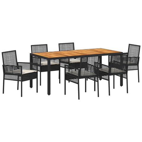 Set da Pranzo da Giardino 7 Pezzi con Cuscini Nero Poly Rattan - Foto 1