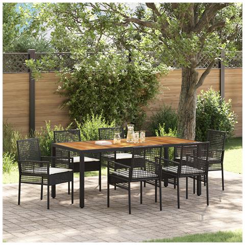Set da Pranzo da Giardino 7 Pezzi con Cuscini Nero Poly Rattan - Foto 2