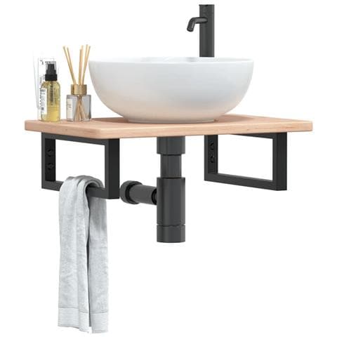 Ripiano a Parete per Lavabo in Acciaio e Massello di Rovere - Foto 2