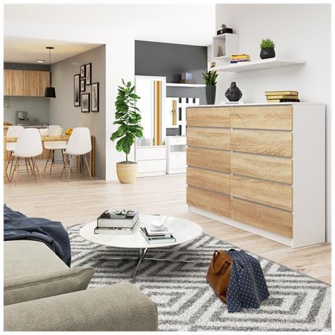 Cassettiera K160, 10 cassetti, 160x40x121 cm, Colore Bianco e Sonoma Quercia - Foto 5