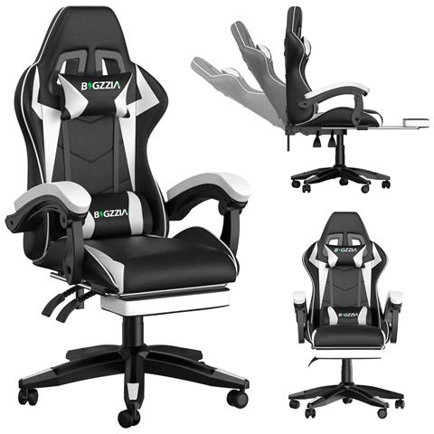Sedia Gaming Con Poggiapiedi Telescopico, Sedia Girevole Ergonomica, Sedie Da Gamer, Schienale Regolabile 90-155°, Racing Sedia Con Cuscino Lombare & Poggiatesta, Bianco - Foto 1