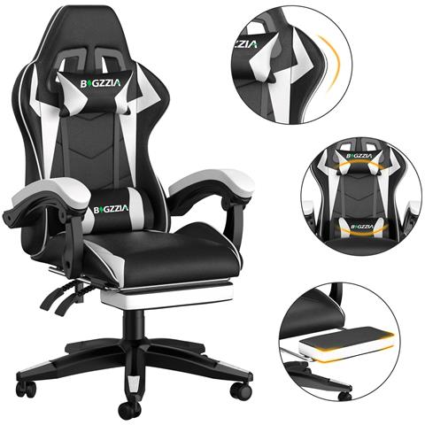 Sedia Gaming Con Poggiapiedi Telescopico, Sedia Girevole Ergonomica, Sedie Da Gamer, Schienale Regolabile 90-155°, Racing Sedia Con Cuscino Lombare & Poggiatesta, Bianco - Foto 5