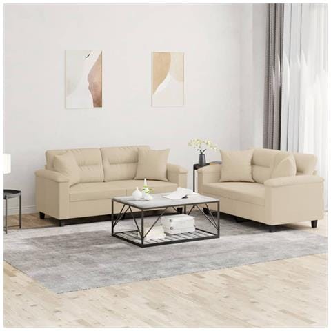 Set Divani 2 pz con Cuscini Crema in Tessuto Microfibra - Foto 2