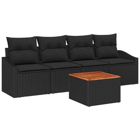 Set divani da giardino 5 pezzi con cuscini neri in polyrattan acacia - Foto 1