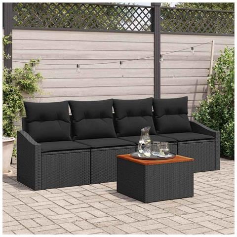 Set divani da giardino 5 pezzi con cuscini neri in polyrattan acacia - Foto 2