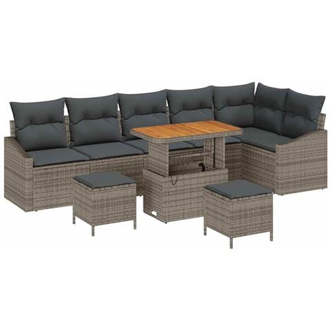 Set Divano da Giardino  9 Pezzi con Cuscini Grigio Polyrattan Acacia, Set Divano da Giardino  2 Posti con Cuscini Grigio Polyrattan, Set da Pranzo da Giardino  3 Pezzi con Cuscini Grigio Polyrattan Acacia - Foto 1