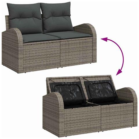 Set Divano da Giardino 7 Pezzi con Cuscini Grigio Polyrattan, Divano da Giardino a Due Posti con Ripostiglio e Cuscini Grigio Polyrattan - Foto 9