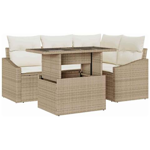 Set Divano Giardino 5 Pezzi con Cuscini Beige Poly Rattan - Foto 1
