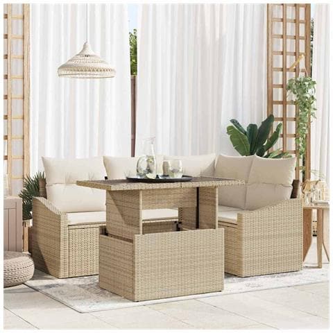 Set Divano Giardino 5 Pezzi con Cuscini Beige Poly Rattan - Foto 2