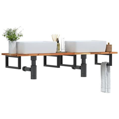 Ripiano a Parete per Lavabo in Acciaio e Massello di Acacia - Foto 2