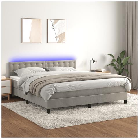 Letto A Molle Materasso E Led Grigio Chiaro 160x200 Cm Velluto - Foto 1