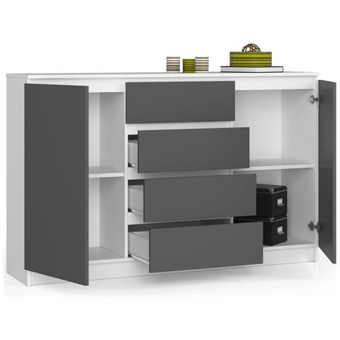 Cassettiera K160, 2 ante e 4 cassetti, 160x40x99 cm, Colore Bianco e Grigio Grafite - Foto 2