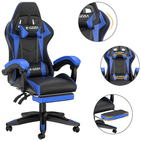 Sedia Gaming Con Poggiapiedi Telescopico, Sedia Girevole Ergonomica, Sedie Da Gamer, Schienale Regolabile 90-155°, Racing Sedia Con Cuscino Lombare & Poggiatesta, Blu - Foto 2