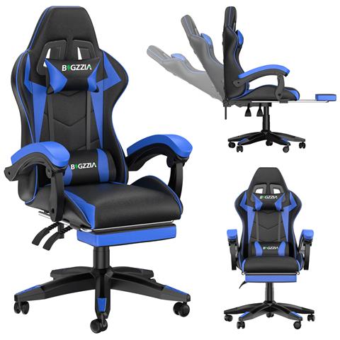 Sedia Gaming Con Poggiapiedi Telescopico, Sedia Girevole Ergonomica, Sedie Da Gamer, Schienale Regolabile 90-155°, Racing Sedia Con Cuscino Lombare & Poggiatesta, Blu - Foto 1