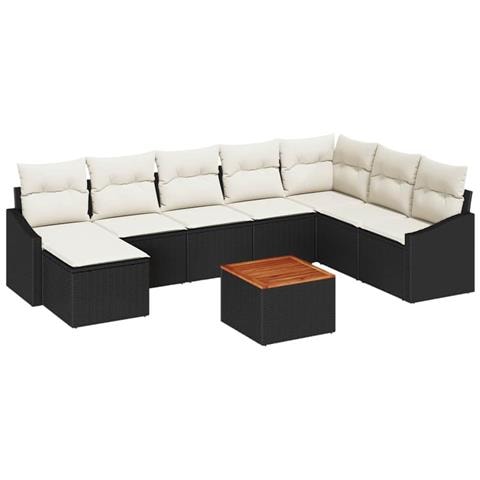 Set di Divani da Giardino di 9 Pezzi con Cuscini Nero Polyrattan Acacia - Foto 1