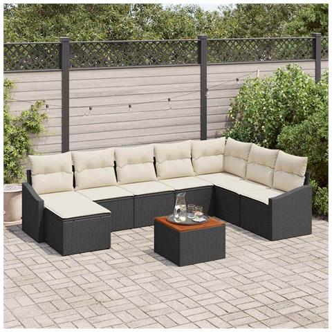 Set di Divani da Giardino di 9 Pezzi con Cuscini Nero Polyrattan Acacia - Foto 2