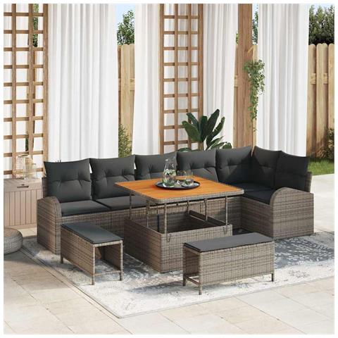 Set Divano da Giardino 9 Pezzi con Cuscini Grigio Polyrattan Acacia, Set Divano da Giardino 2 Posti con Cuscini Grigio Polyrattan, Set da Pranzo Giardino 3 Pezzi con Cuscini Grigio Polyrattan Acacia - Foto 2