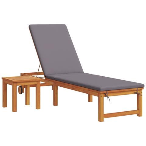 Lettino prendisole con tavolo e cuscino in legno massello di acacia, Lettino prendisole con cuscini grigio chiaro in legno massello di acacia, Tavolo laterale da giardino 35x35x34 cm in legno massello di acacia - Foto 1