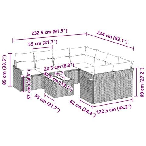 Set Divano da Giardino  9 Pezzi con Cuscini Grigio Polyrattan, Divano da Giardino  2 Posti con Cuscini Grigio Polyrattan - Foto 9