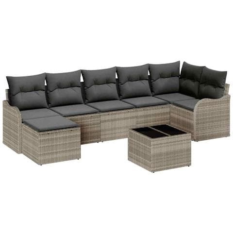 Set divano da giardino con cuscini  8 Pezzi Grigio Polyrattan, Divano da giardino con cuscini  2 posti Grigio chiaro Polyrattan - Foto 1