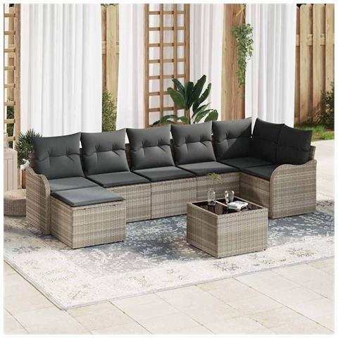 Set divano da giardino con cuscini  8 Pezzi Grigio Polyrattan, Divano da giardino con cuscini  2 posti Grigio chiaro Polyrattan - Foto 2