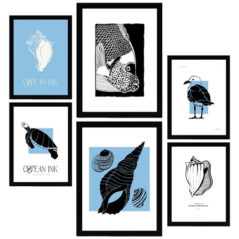 Set Di 6 Stampe Stampe Artistiche Di Conchiglie In Inchiostro Nero Raffiguranti Mare E Oceano Per L'interior Design A3 & A4 Senza Cornice - Foto 1