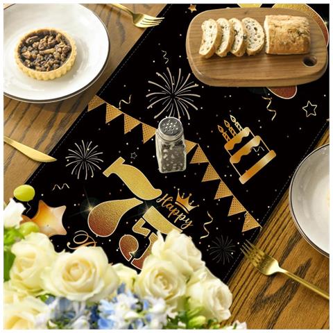 Decorazione Elegante Per 75° Compleanno In Nero E Oro - Tovaglia 40x140 Cm - Foto 2