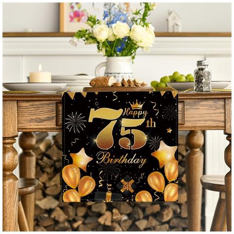 Decorazione Elegante Per 75° Compleanno In Nero E Oro - Tovaglia 40x140 Cm - Foto 4