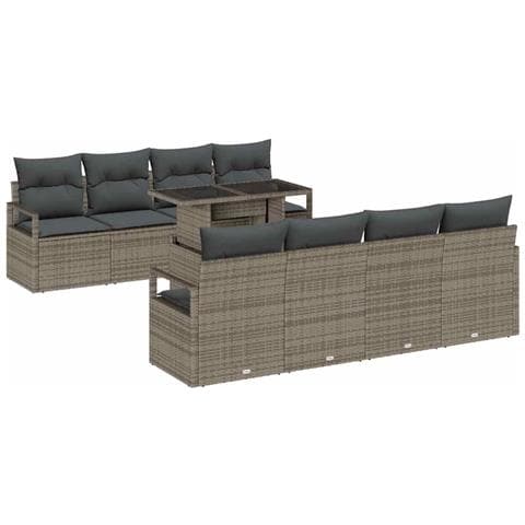 Set Divano da Giardino 9 Pezzi con Cuscini Grigio Polyrattan, Divano da Giardino 2 Posti con Cuscini Grigio Polyrattan - Foto 1
