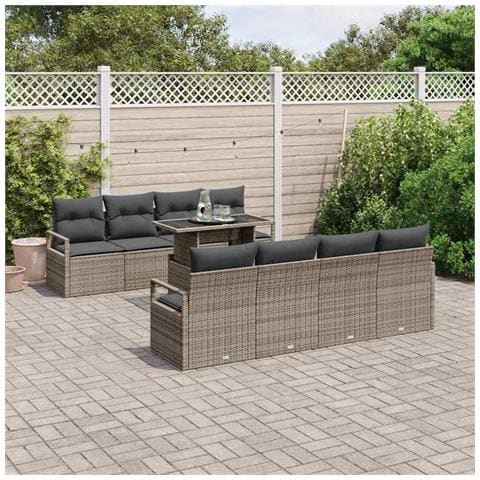Set Divano da Giardino 9 Pezzi con Cuscini Grigio Polyrattan, Divano da Giardino 2 Posti con Cuscini Grigio Polyrattan - Foto 2
