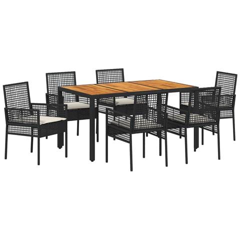 Set da pranzo da giardino 7 pezzi con cuscini neri in polyrattan - Foto 1