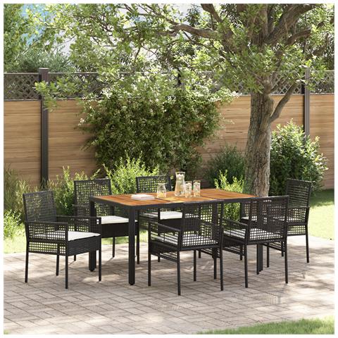 Set da pranzo da giardino 7 pezzi con cuscini neri in polyrattan - Foto 2