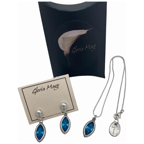 Ciondolo E Orecchini A Goccia In Zama Placcata In Argento Sterling E Cristallo Blu Sfaccettato. - Foto 1