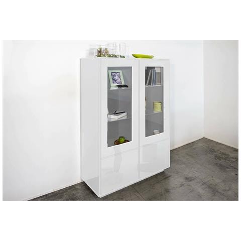 Vetrina Agostino, Credenza A 4 Ante Con Ripiani In Vetro, Mobile Da Soggiorno Multiuso, 100% Made In Italy, Cm 100x41h146, Bianco Lucido - Foto 13