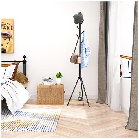 Appendiabiti A Piantana Nero Attaccapanni Da Terra Salvaspazio 6 Ganci 1 Ripiano - Foto 2