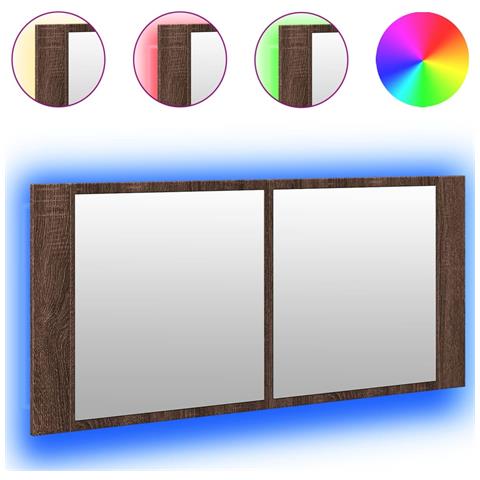 Armadietto Specchio Con Led Da Bagno Rovere Marrone 100x12x45cm - Foto 2