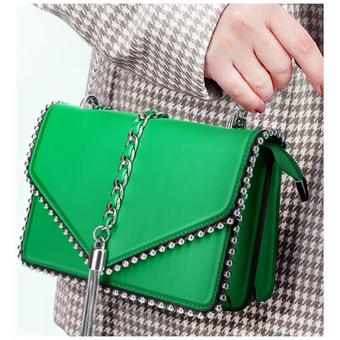 Borsa Trendy Con Manico In Similpelle E Catena Metallica, Verde - Foto 2