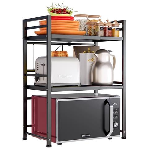 Scaffale Porta Microonde Allungabile 2 Ripiani Mensola Da Cucina In Metallo Nero - Foto 2