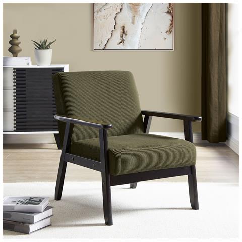 Poltrona Vintage In Legno Erik Velluto A Coste Verde Scuro - Foto 1