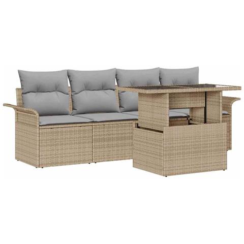 Set Divano Giardino 5 Pezzi con Cuscini Beige Polyrattan,  Divano Giardino 2 Posti con Spazio di Stoccaggio e Cuscini Beige Polyrattan - Foto 1