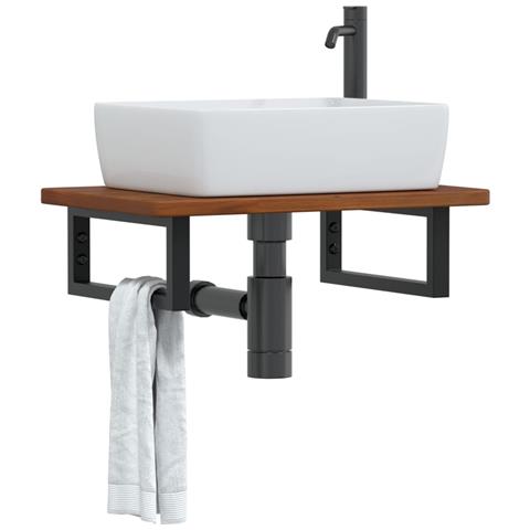 Ripiano a Parete per Lavabo in Acciaio e Massello di Rovere - Foto 2