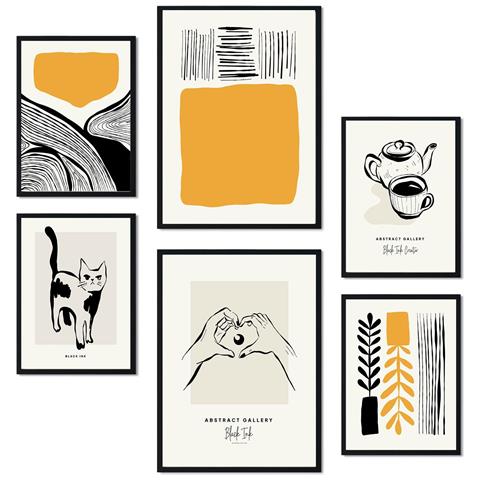 Set Di 6 Stampe Stampe Artistiche E Astratte Per L'interior Design Con Inchiostro Nero A3 & A4 Senza Cornice - Foto 1